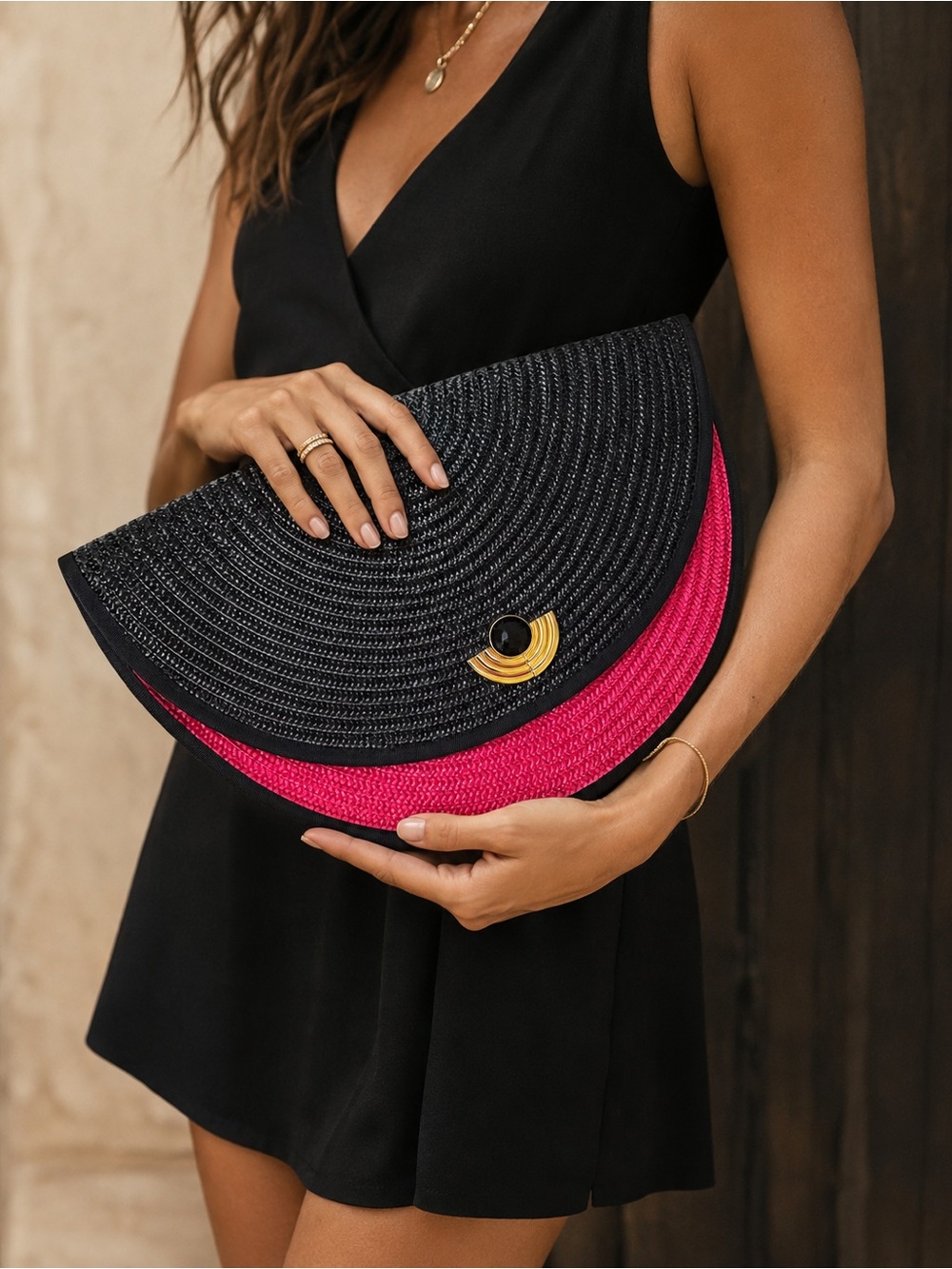 Oversized Woven Raffia Statement Clutch Black & Hot Pink Resort Vacation Bag
